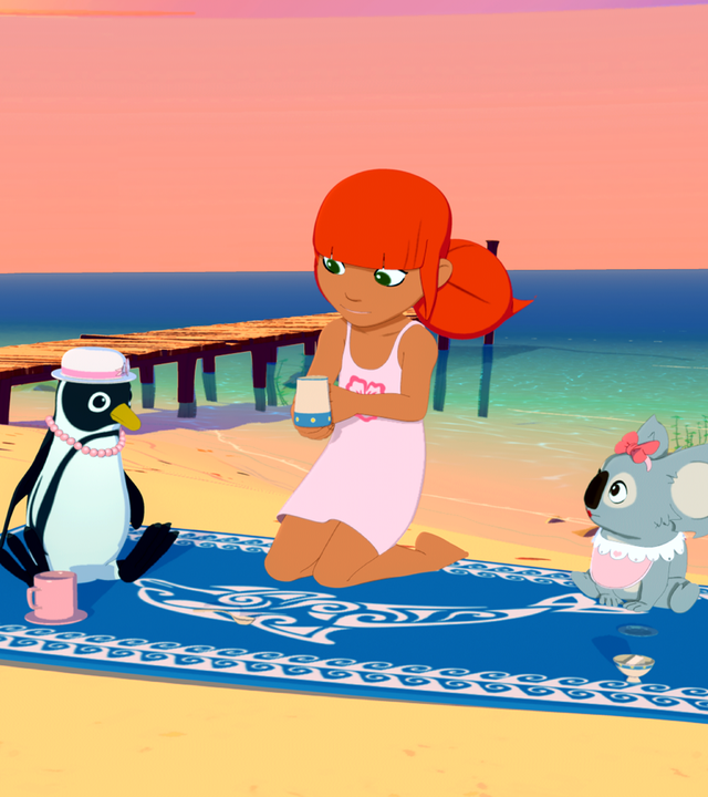 Marina sitzt mit dem Pinguin Aglaga und dem Koala Raoul auf einer Picknickdecke am Strand. Sie trinken Tee.