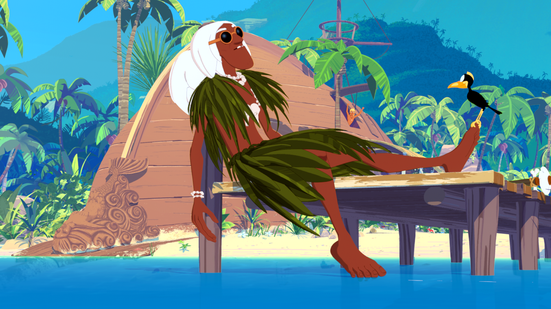 Ramana sitzt auf einem Steg, sein rechtes Bein baumelt im Wasser. Er sieht geknickt aus. Ein kleiner Vogel sitzt auf seinem linken Fuß.