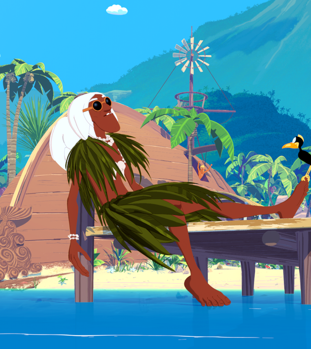 Ramana sitzt auf einem Steg, sein rechtes Bein baumelt im Wasser. Er sieht geknickt aus. Ein kleiner Vogel sitzt auf seinem linken Fuß.