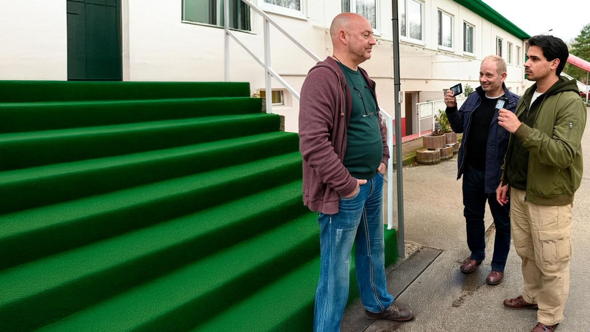 "SOKO Potsdam - Ein Schlag zu viel": Bernhard Henschel (Michael Lott) und Samir Amari (Skandar Amini) stehen an dem Männerhaus. Am Eingang zum Haus weisen sie sich gegenüber einem Sozialarbeiter (Komparse) aus.