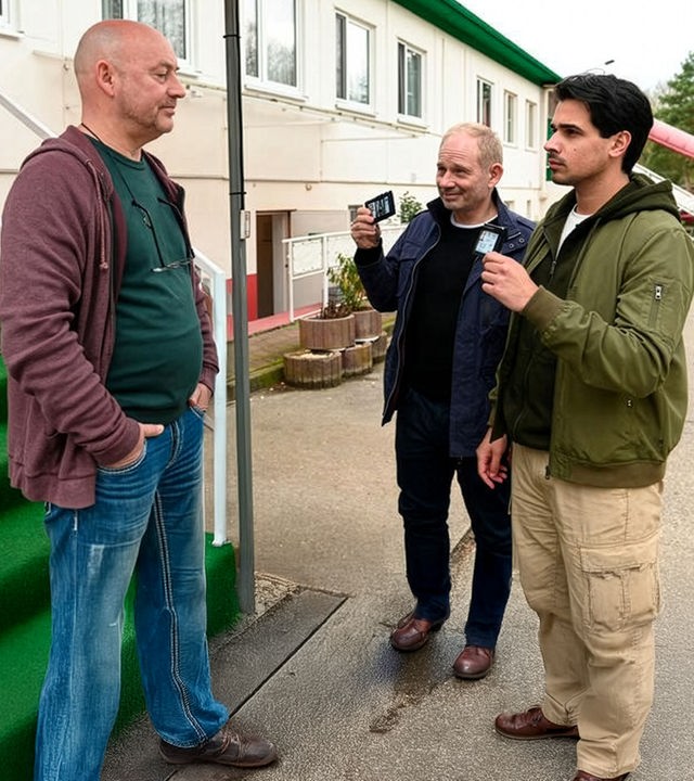 "SOKO Potsdam - Ein Schlag zu viel": Bernhard Henschel (Michael Lott) und Samir Amari (Skandar Amini) stehen an dem Männerhaus. Am Eingang zum Haus weisen sie sich gegenüber einem Sozialarbeiter (Komparse) aus.
