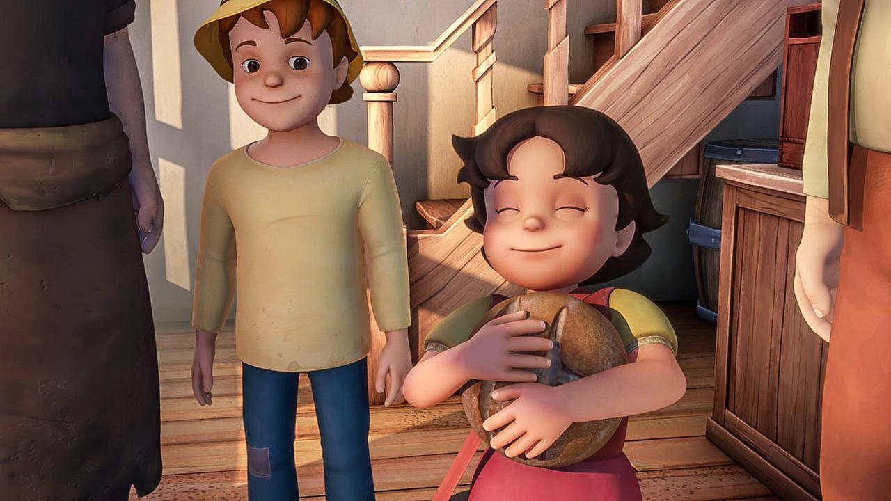 Heidi drückt ein Brot an sich und freut sich, Peter steht neben ihr.