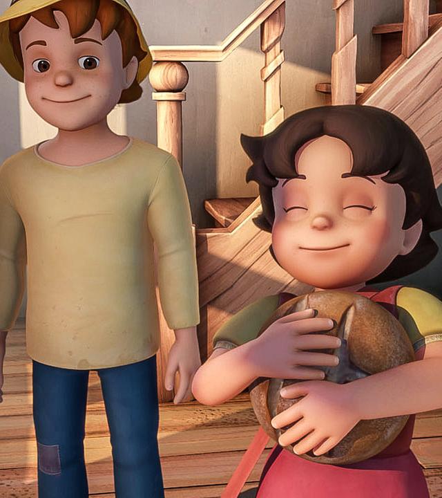 Heidi drückt ein Brot an sich und freut sich, Peter steht neben ihr.