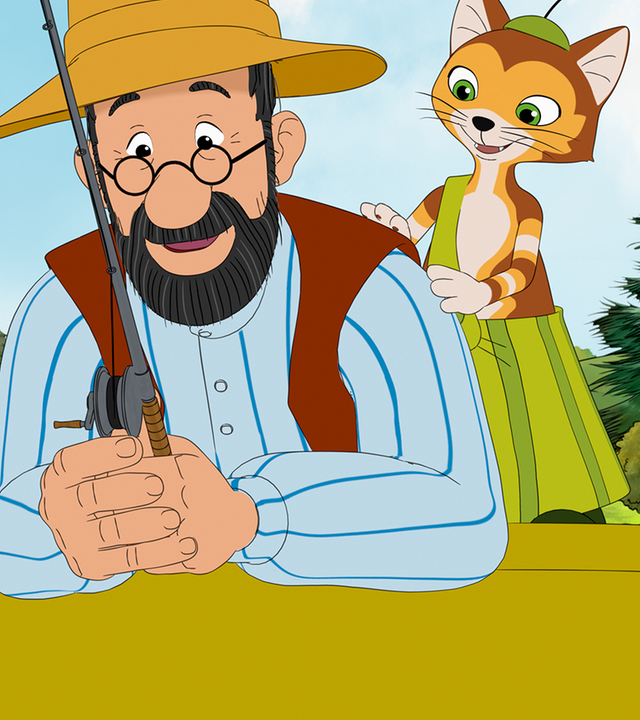 Pettersson und Findus angeln auf einem alten Schlauchboot und gucken neugierig in den See.