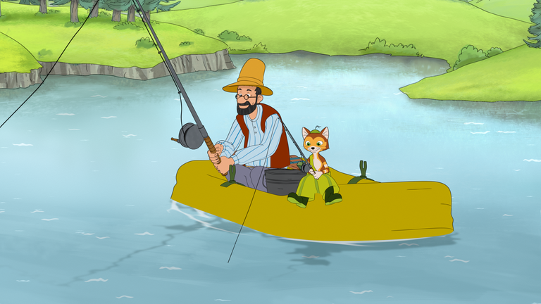 Pettersson und Findus angeln auf einem alten Schlauchboot.