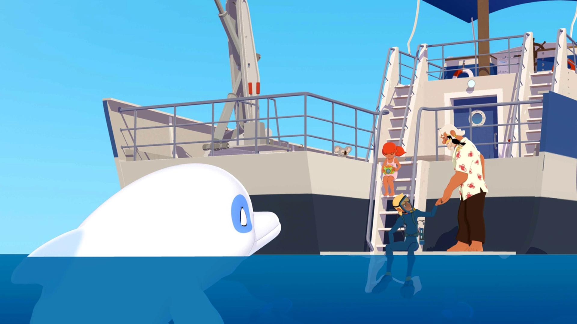 Yann bereitet sich auf dem Schiff von Onkel Patrick für das Tauchen vor. Zoom beobachtet ihn dabei. Yann will herausfinden, woher der seltsame Ton kam.