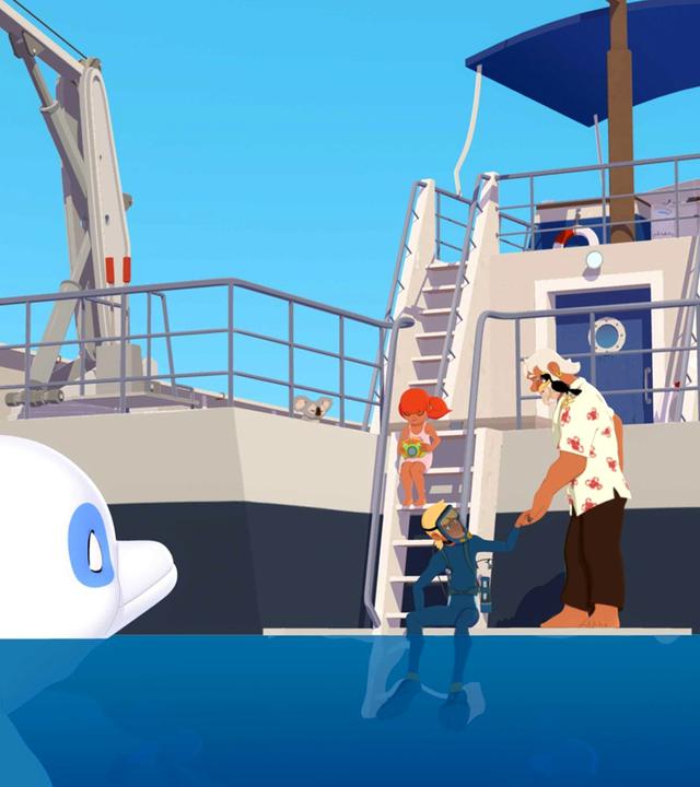 Yann bereitet sich auf dem Schiff von Onkel Patrick für das Tauchen vor. Zoom beobachtet ihn dabei. Yann will herausfinden, woher der seltsame Ton kam.