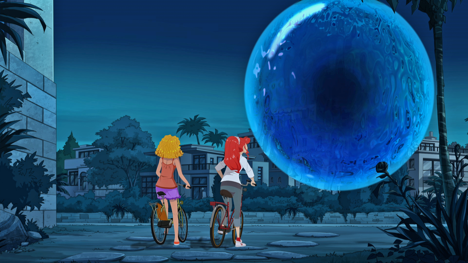 Emma und Rikki beobachten eine riesige Wasserkugel mitten in der Stadt.