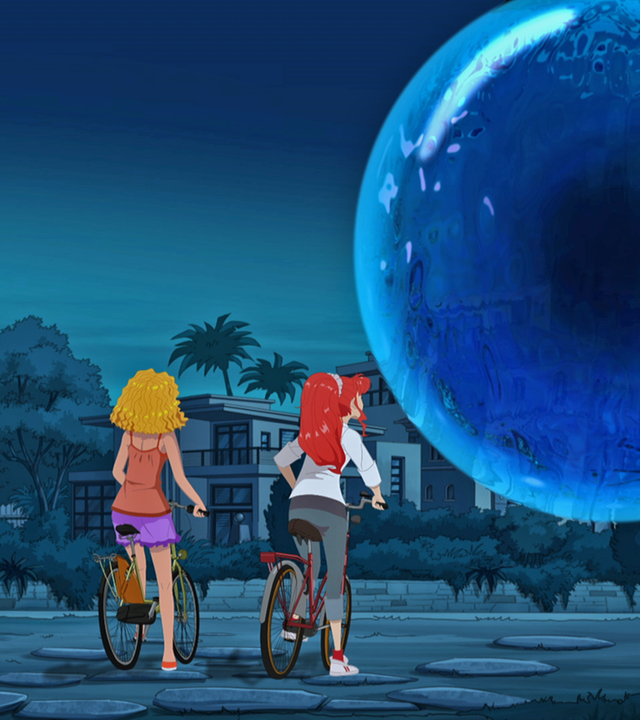 Emma und Rikki beobachten eine riesige Wasserkugel mitten in der Stadt.