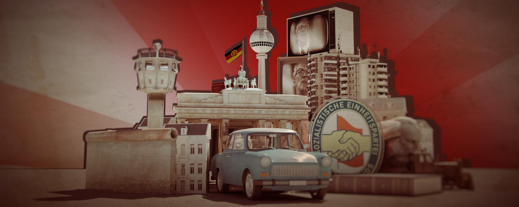 Animierte grafische Elemente vor rötlichem Hintergrund: ein Stück Mauer samt Wachturm, ein Trabant vor dem Brandenburger Tor, dahinter der Fernsehturm "Alex", Fernsehgeräte mit Honecker im Bild, ein Plattenbau, ein Parteizeichen der SED und Karl Marx-Büste.