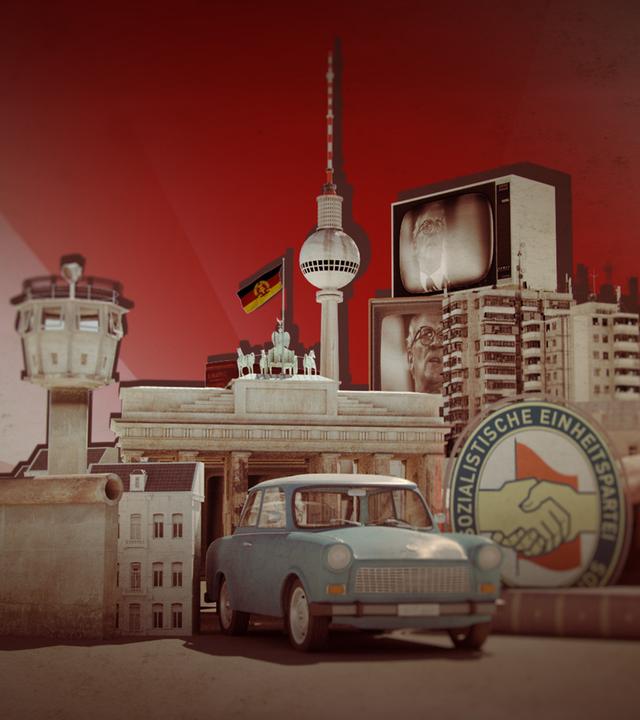 Animierte grafische Elemente vor rötlichem Hintergrund: ein Stück Mauer samt Wachturm, ein Trabant vor dem Brandenburger Tor, dahinter der Fernsehturm "Alex", Fernsehgeräte mit Honecker im Bild, ein Plattenbau, ein Parteizeichen der SED und Karl Marx-Büste.