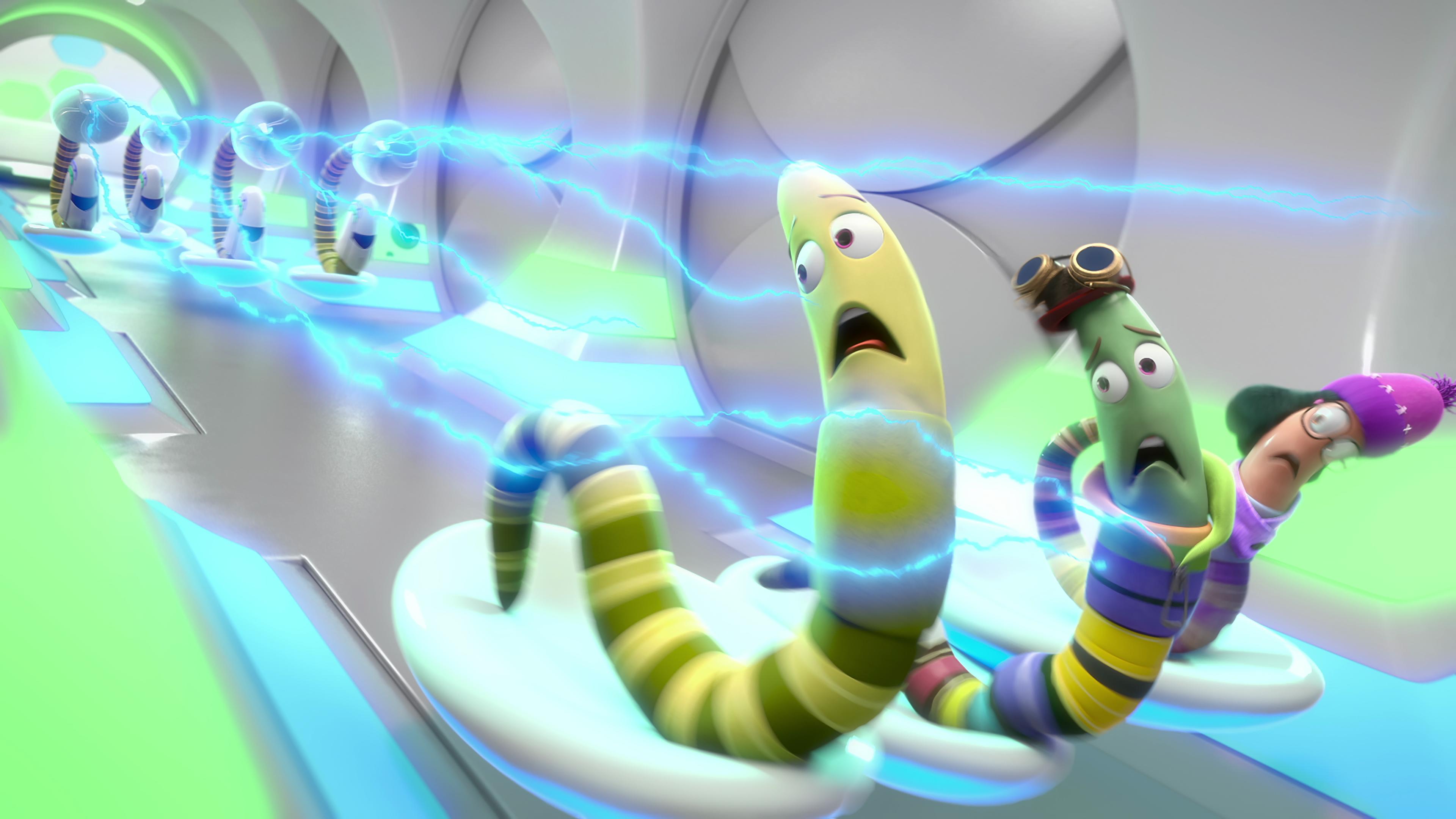 In einem futuristisch anmutenden Raum, der wie das Innere eines Raumschiffs aussieht, flüchten die zu Würmern verwandelten Moley und Dotty vor ihren Feinden. Neben ihnen flüchtet das Würmchen des Gärtners mit ihnen.