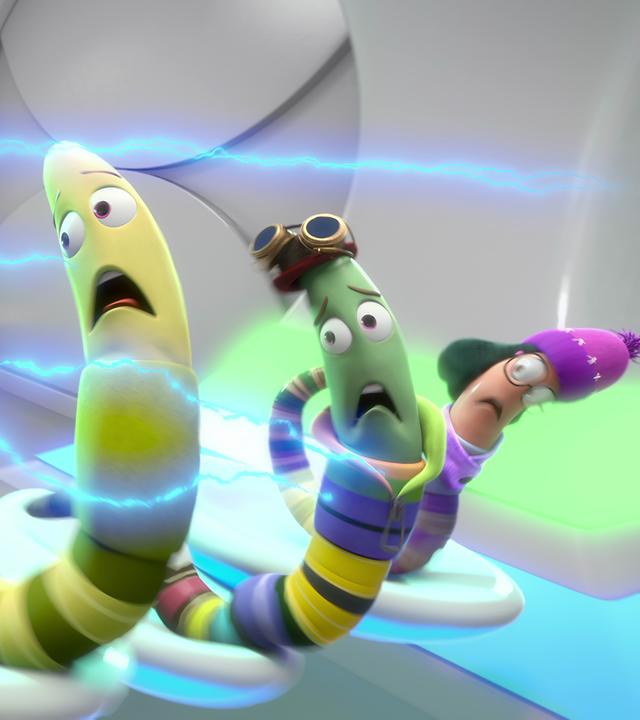 In einem futuristisch anmutenden Raum, der wie das Innere eines Raumschiffs aussieht, flüchten die zu Würmern verwandelten Moley und Dotty vor ihren Feinden. Neben ihnen flüchtet das Würmchen des Gärtners mit ihnen.