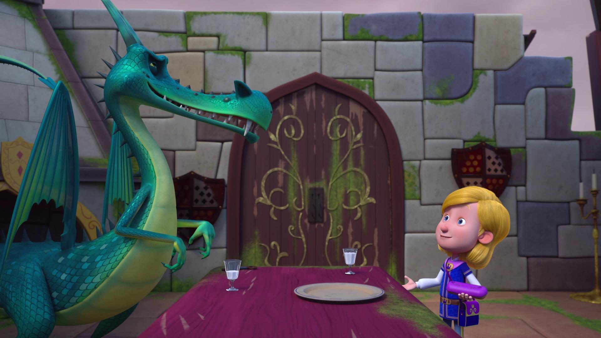 Prinz (rechts) ist auf dem Turm des Drachens (links). Die beiden unterhalten sich.