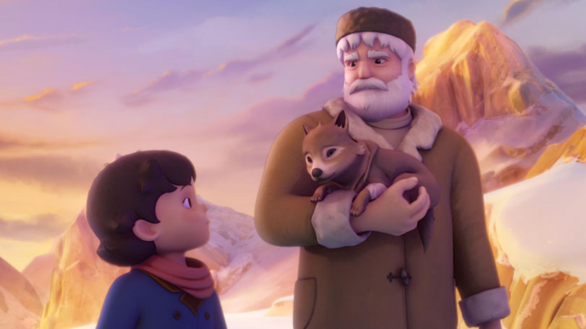 Heidi und Großvater retten ein Wolfsjunges: Großvater hält es im Arm, das Gewehr in der anderen Hand, daneben Josef und Heidi.