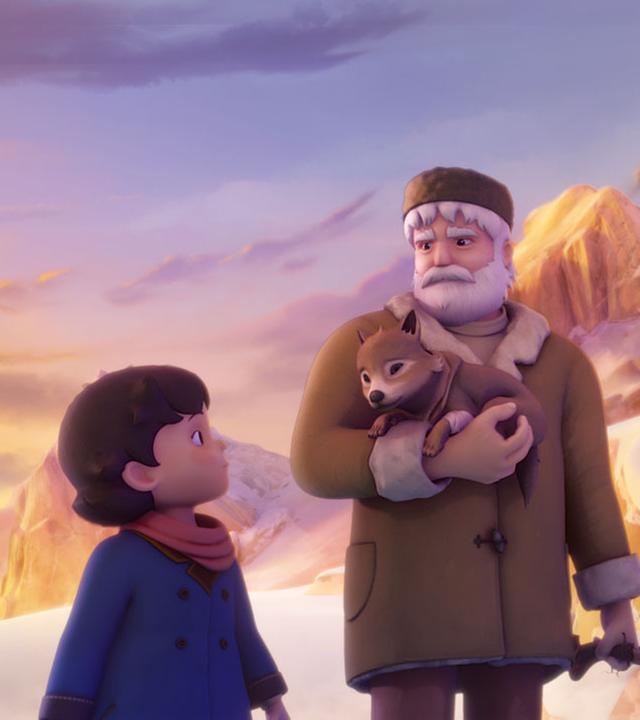 Heidi und Großvater retten ein Wolfsjunges: Großvater hält es im Arm, das Gewehr in der anderen Hand, daneben Josef und Heidi.