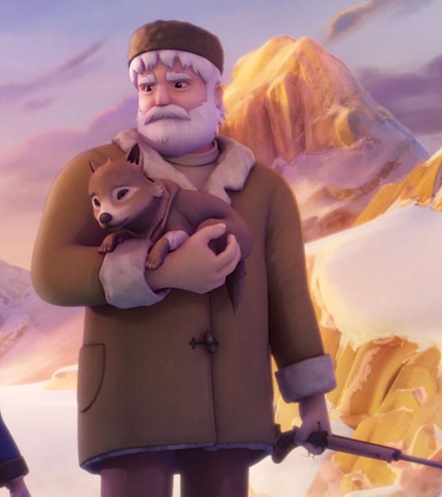 Heidi und Großvater retten ein Wolfsjunges: Großvater hält es im Arm, das Gewehr in der anderen Hand, daneben Josef und Heidi.