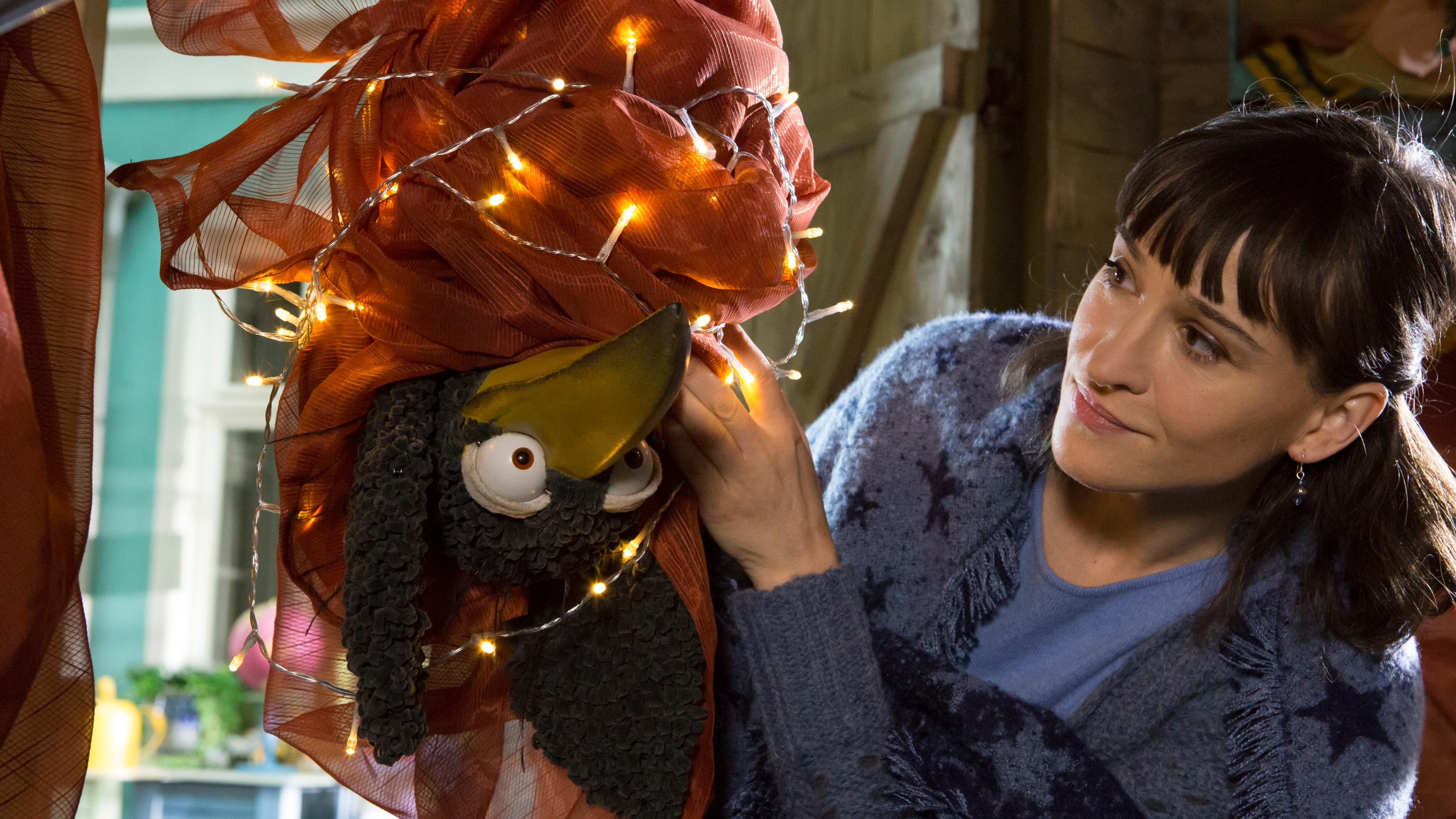 Rabe Rudi hängt kopfüber in einer Lichterkette verstrickt im Schuppen, Siebenstein versucht ihn zu befreien.