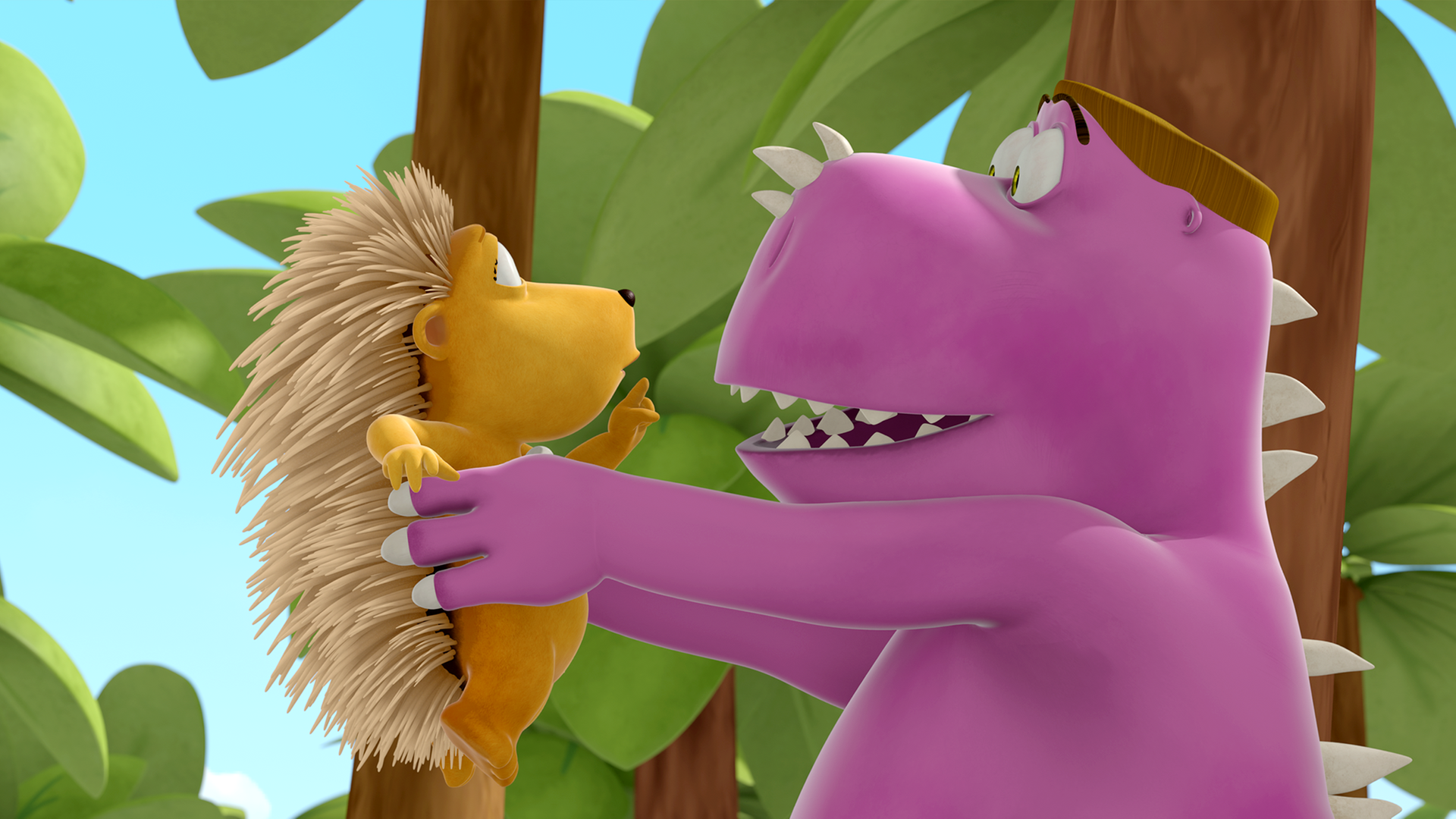 Fressdrache Dirk hält Matilda mit seinen Händen hoch.