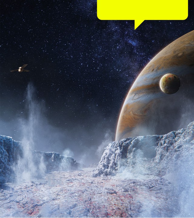Computeranimiertes Bild einer breiten Schlucht in eisiger Landschaft, im Hintergrund ein großer Himmelskörper, dessen Oberfläche mit verschiedenfarbigen Streifen bedeckt ist.