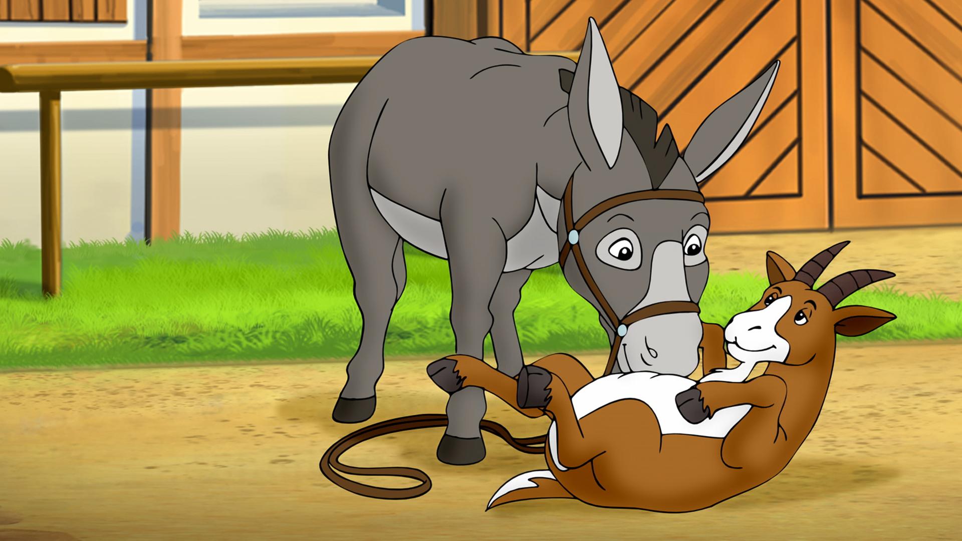 Esel Sancho und Ziege Hoheit am Spielen. Ziege Hoheit liegt auf dem Rücken und Esel Sancho ist über sie gebeugt.