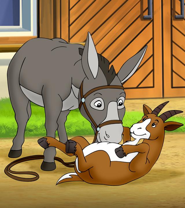 Esel Sancho und Ziege Hoheit am Spielen. Ziege Hoheit liegt auf dem Rücken und Esel Sancho ist über sie gebeugt.