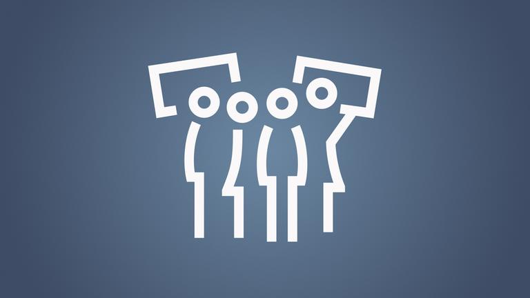 Icon stilisierte Menschen mit Schildern auf blauem Untergrund