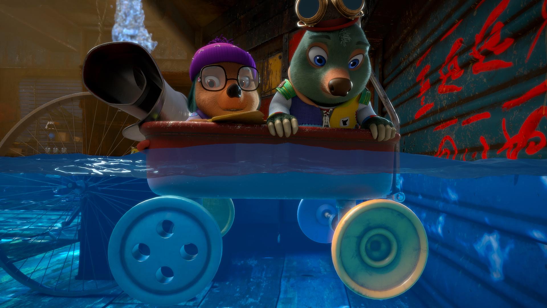 In Mischmaschs Labor, das mit Wasser geflutet ist, sitzen Dotty und Moley in einem schwimmenden Bollerwagen und blicken ängstlich auf den steigenden Pegel.