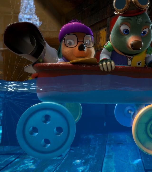 In Mischmaschs Labor, das mit Wasser geflutet ist, sitzen Dotty und Moley in einem schwimmenden Bollerwagen und blicken ängstlich auf den steigenden Pegel.