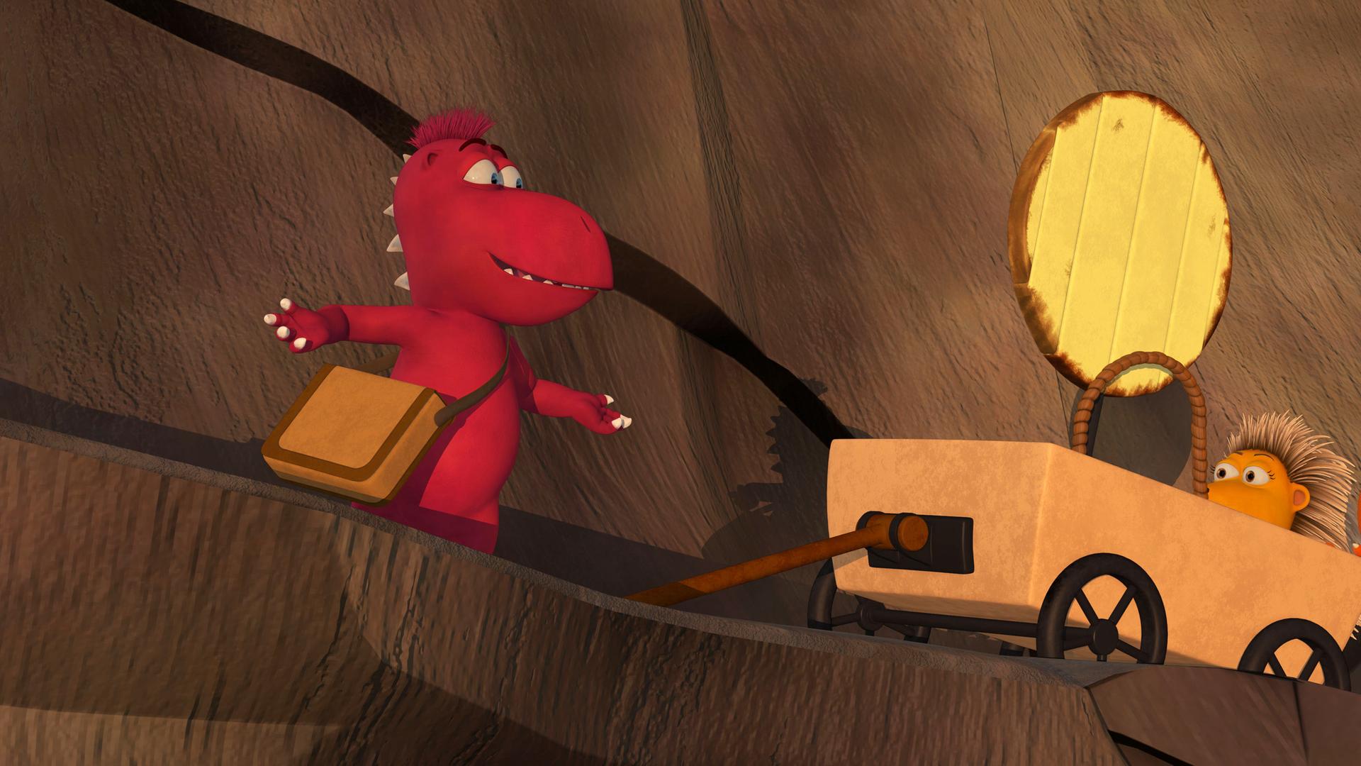 Kokosnuss und seine Freunde bringen sich für Opa Jörn in Gefahr. Oskar geht mit Umhängetasche voran, Kokosnuss und Matilda schieben einen Leiterwagen.