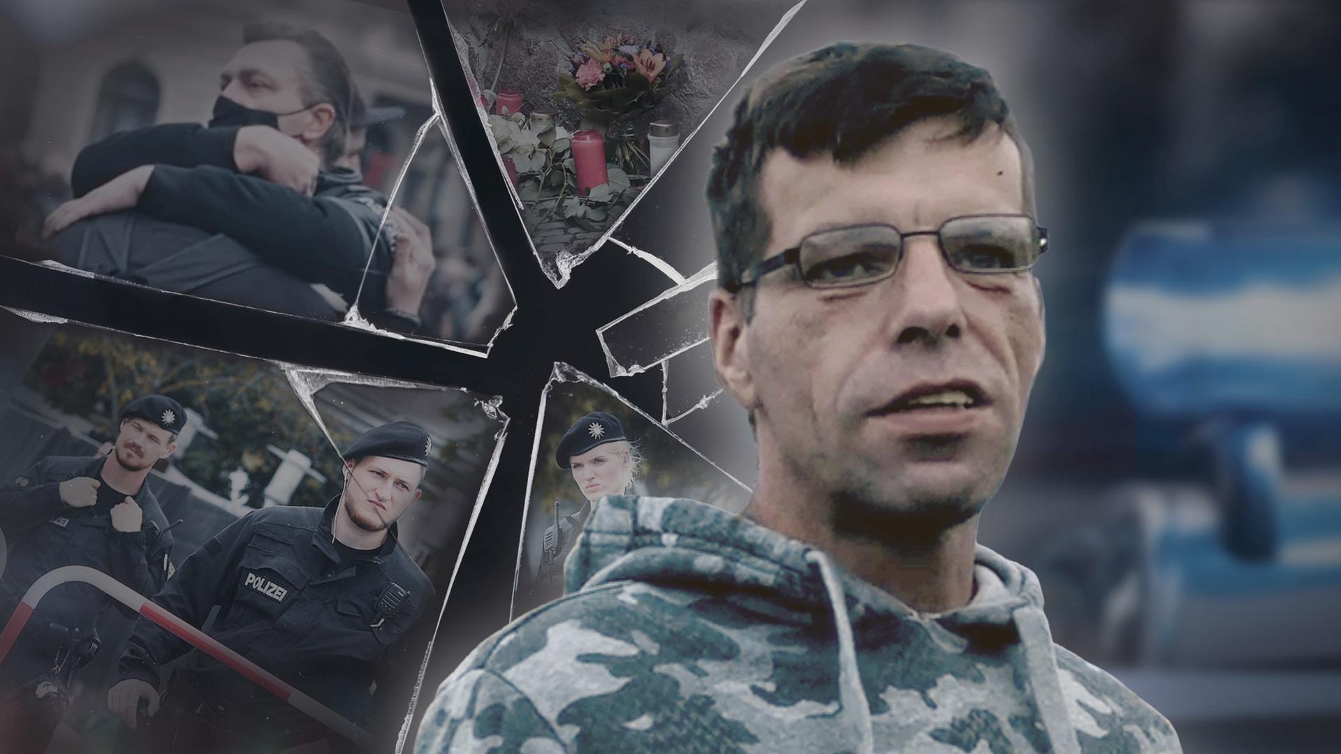 "Einzeltäter - Halle": Bildcollage mit trauernden Angehörigen und Polizisten.