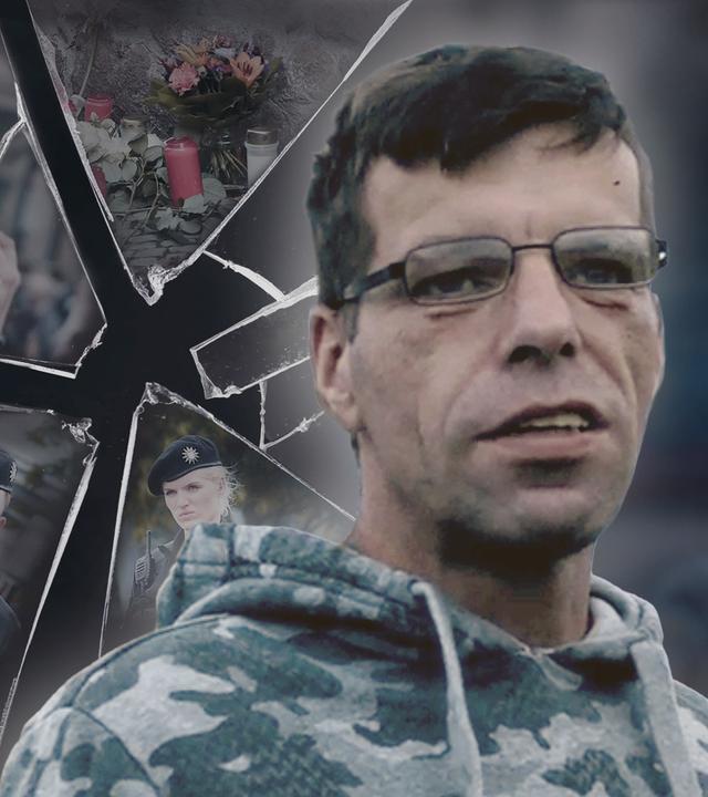 "Einzeltäter - Halle": Bildcollage mit trauernden Angehörigen und Polizisten.