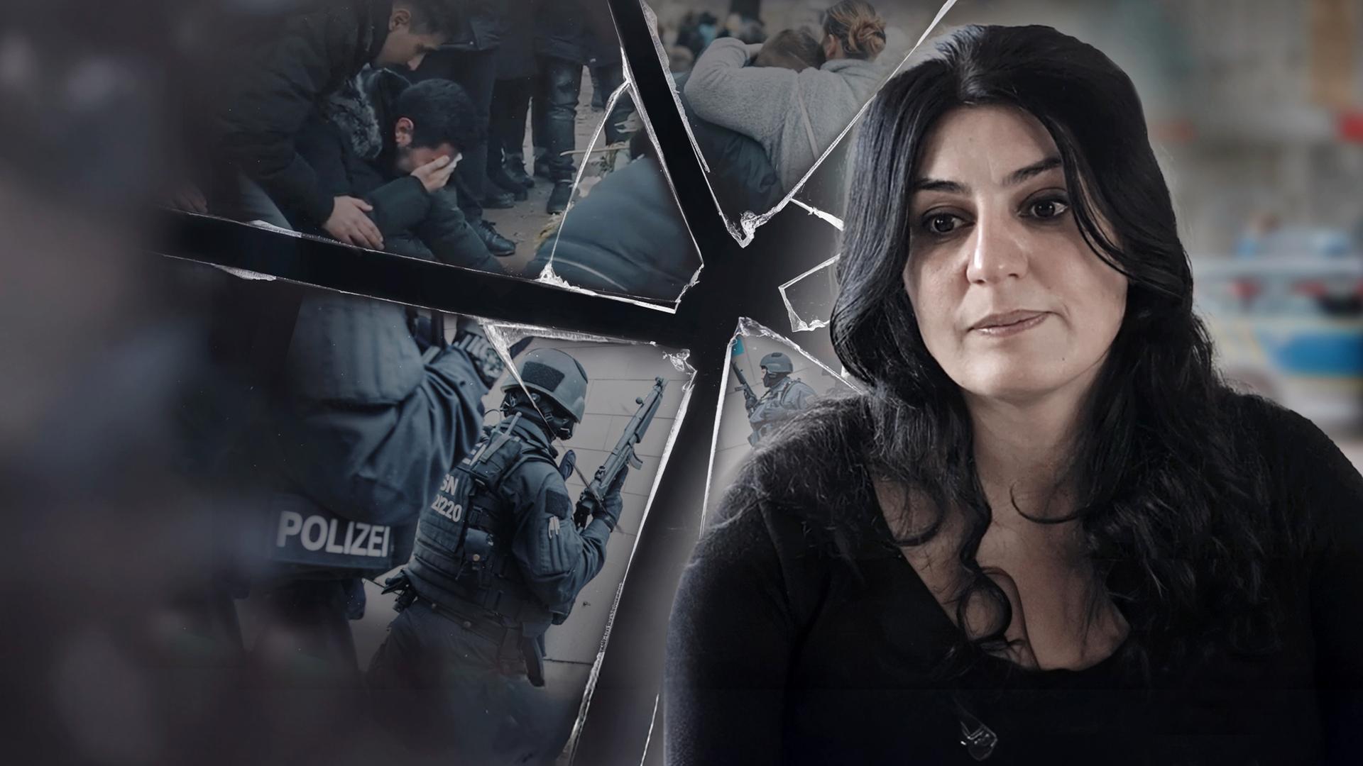 "Einzeltäter - Hanau": Collage mit trauernden Angehörigen und Polizisten.