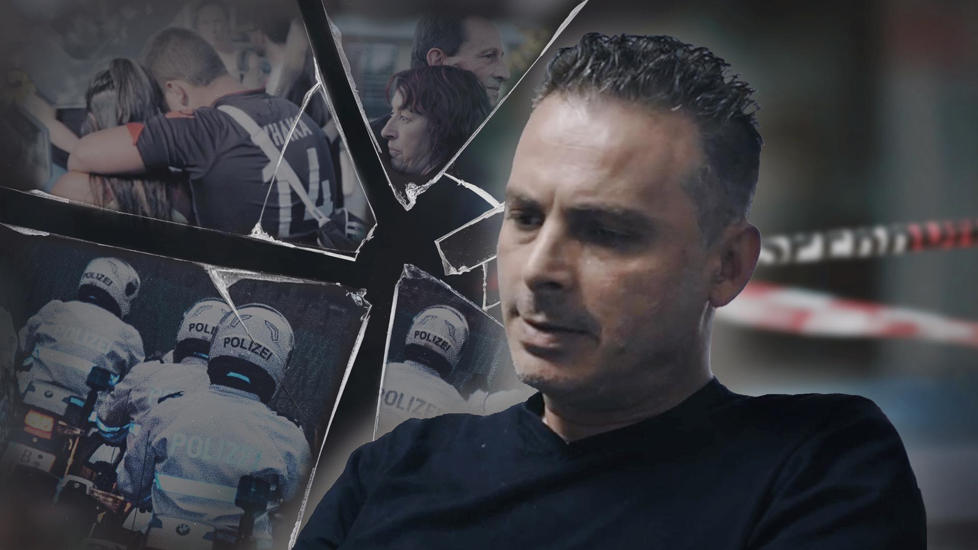 "Einzeltäter - München": Bildcollage mit trauernden Angehörigen und Polizisten.