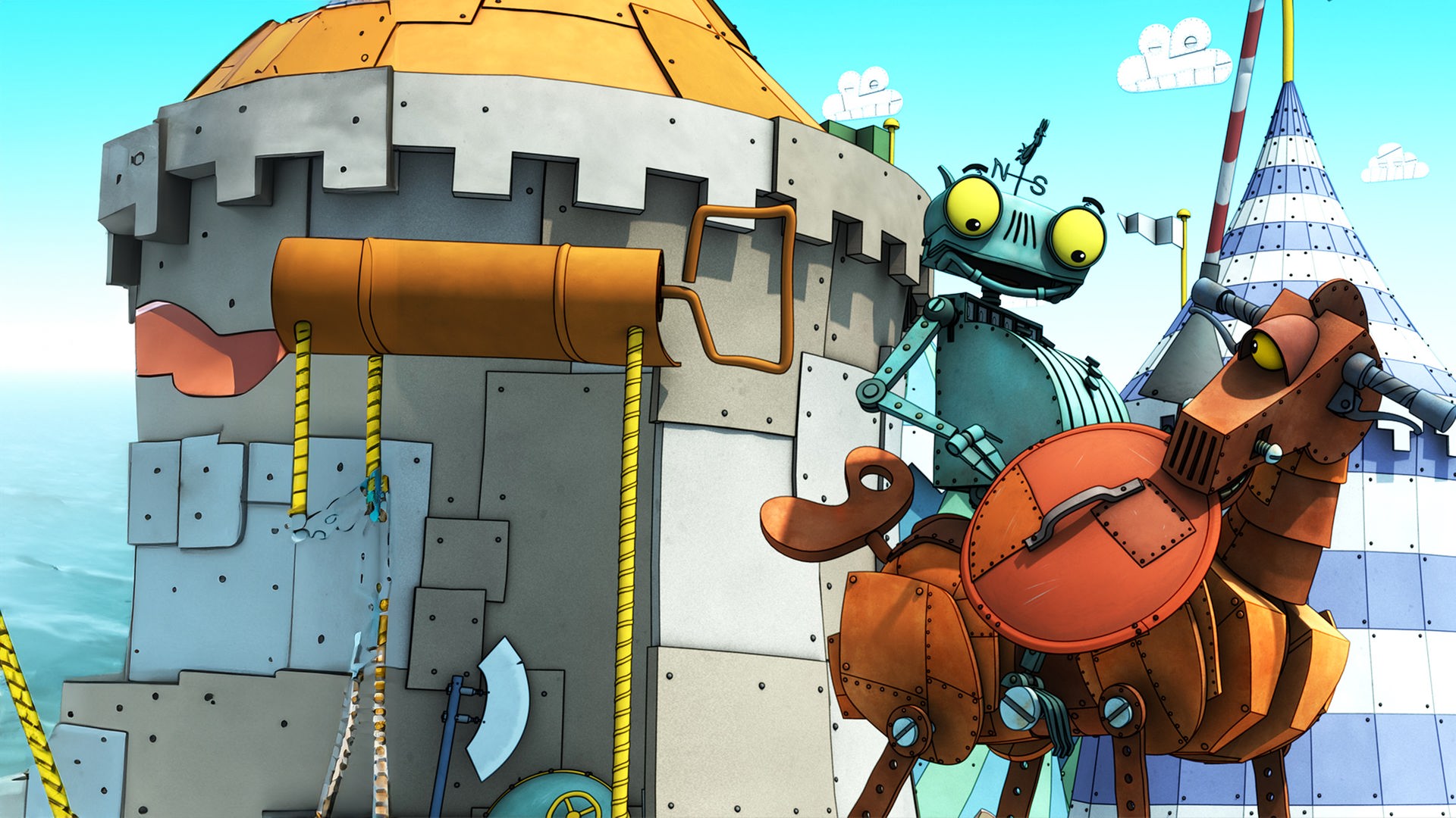 Ritter Rost auf seinem Ross Feuerstuhl kurz vor dem großen Ritterturnier, im Hintergrund Zelte.