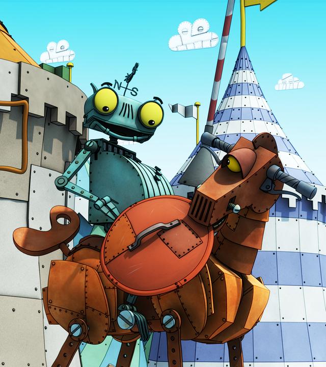 Ritter Rost auf seinem Ross Feuerstuhl kurz vor dem großen Ritterturnier, im Hintergrund Zelte.