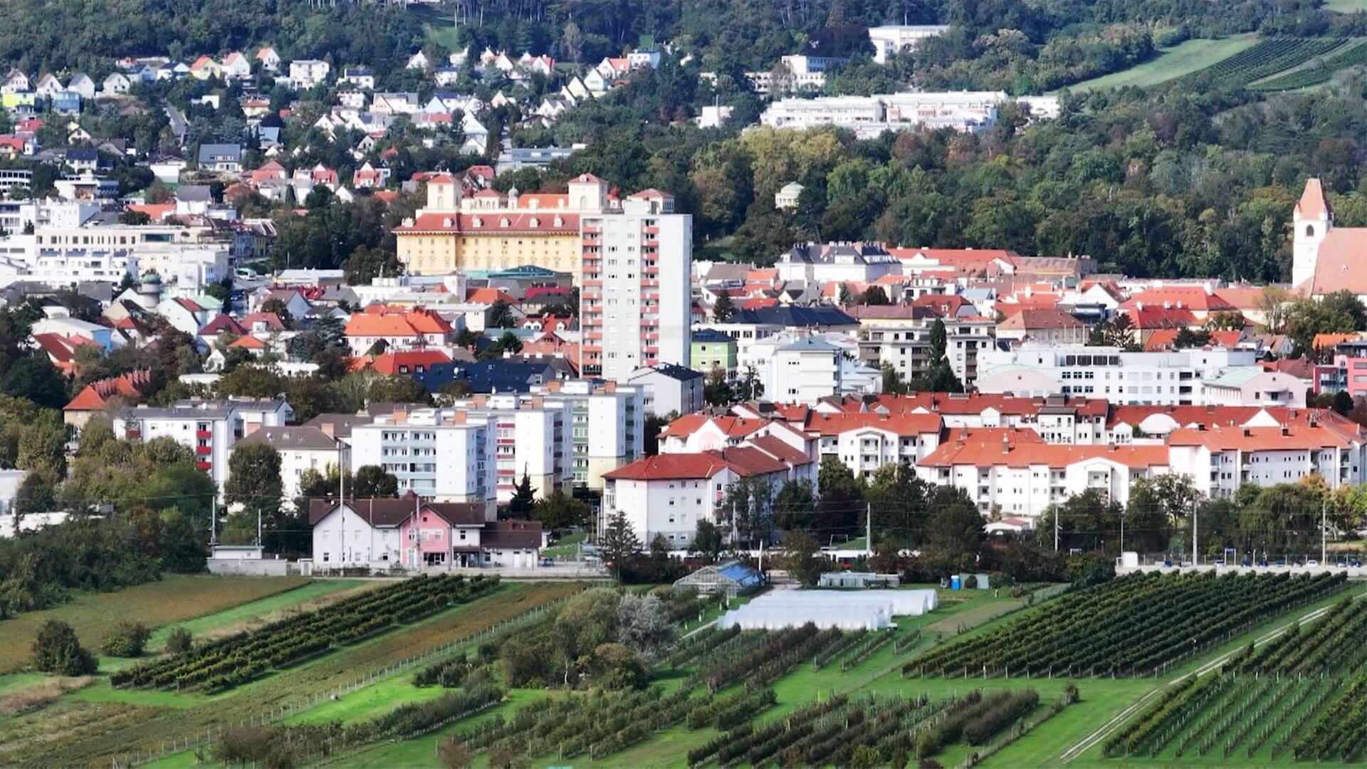 Das Bild zeigt eine Panoramaansicht von Eisenstadt, der Landeshauptstadt des Burgenlandes in Österreich. Im Vordergrund sind ausgedehnte grüne Wiesen und Weinberge zu sehen, die in geschwungenen Reihen angeordnet sind.   Im Hintergrund ist die Stadt sichtbar, bestehend aus verschiedenen Gebäuden mit unterschiedlichen Architekturstilen. Viele der Häuser haben rote Dächer, einige sind mehrstöckig, und es gibt auch modernere Wohnhäuser. In zentraler Lage fällt ein großes, gelb gestrichenes Gebäude mit symmetrischen Fenstern auf, das vermutlich das Schloss Esterhazy darstellt.   Auf der rechten Seite des Bildes steht ein Kirchturm, der mit einem roten Dach versehen ist. Die Umgebung ist von grünen Hügeln und Bäumen gesäumt, was das Bild insgesamt harmonisch und malerisch wirken lässt. Der Himmel ist größtenteils klar, was auf einen sonnigen Tag hindeutet.   Die Bildunterschrift weist darauf hin, dass Eisenstadt als "die kleinste Großstadt der Welt" beworben wird und feiert 100 Jahre als Landeshauptstadt.