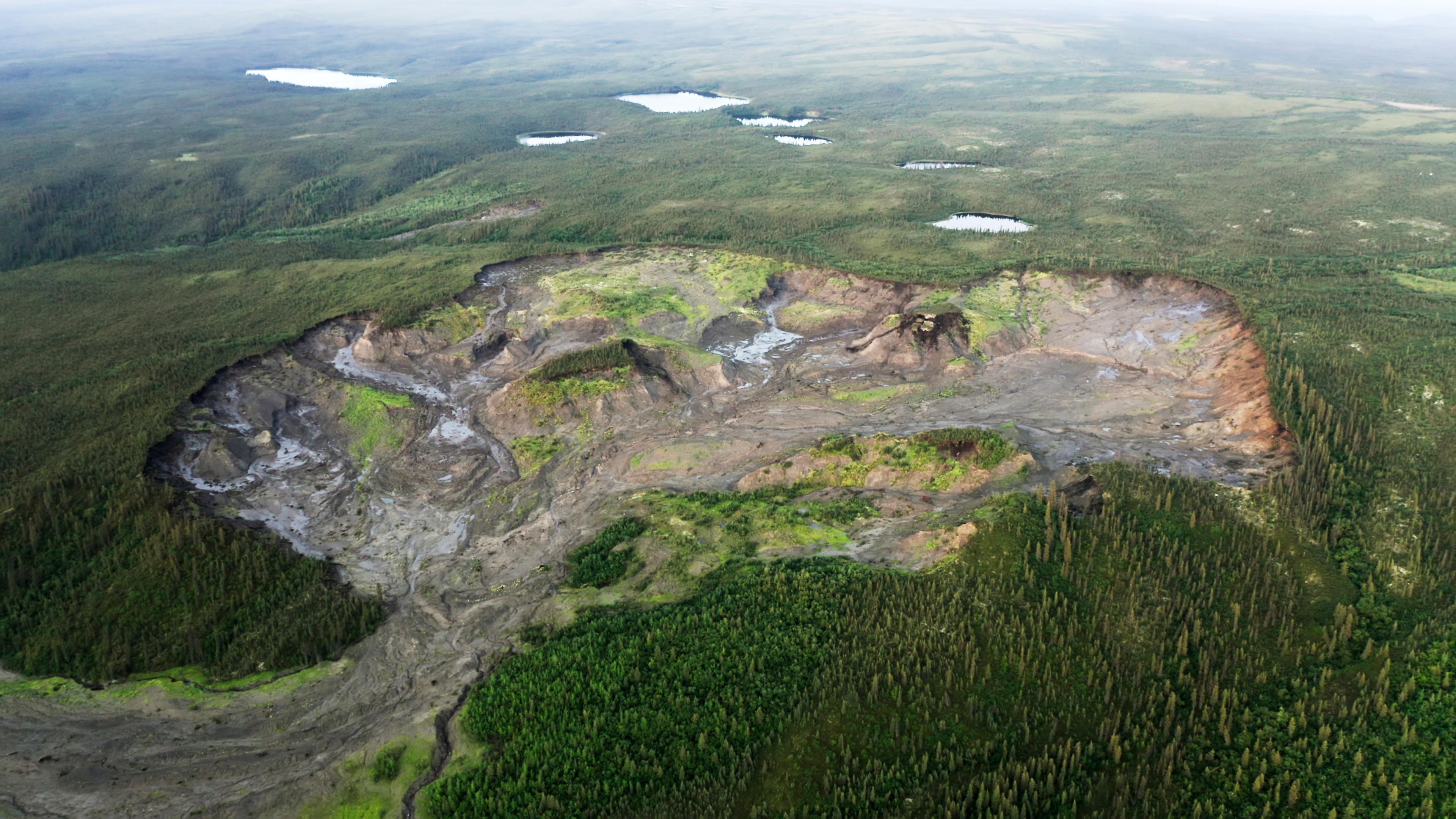 Luftaufnahme eines Waldgebietes, in dessen Mitte ein riesiger Krater zu sehen ist.