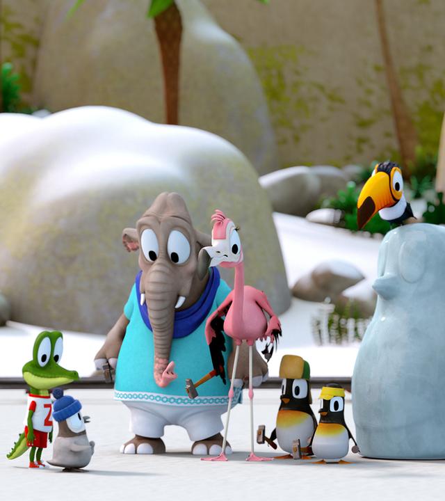 Eiskünstler Kurti. Die Zoobande steht vor dem kleinen Pinguin Kurti und blickt auf ihn hinunter.