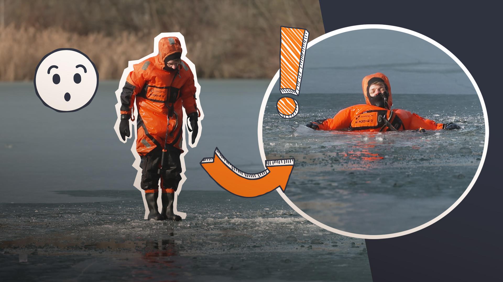 Reporter Johannes bricht in einen eingefrorenen See ein.