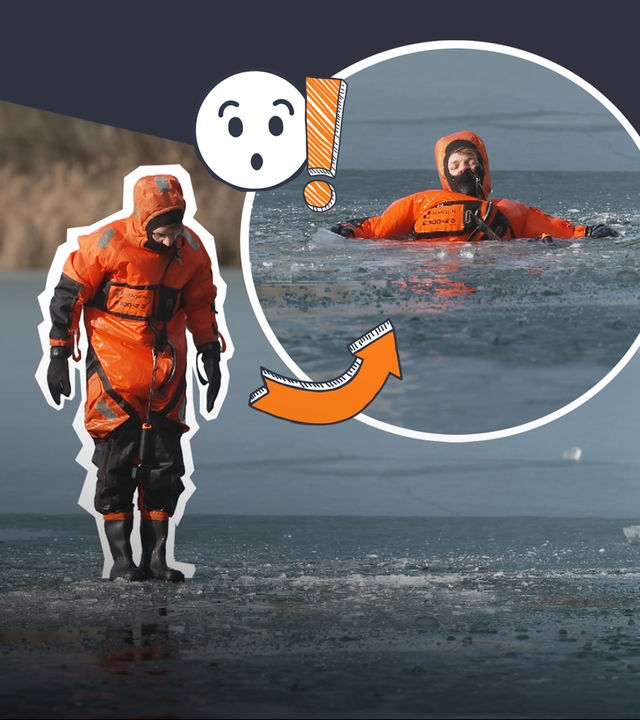 Reporter Johannes bricht in einen eingefrorenen See ein.