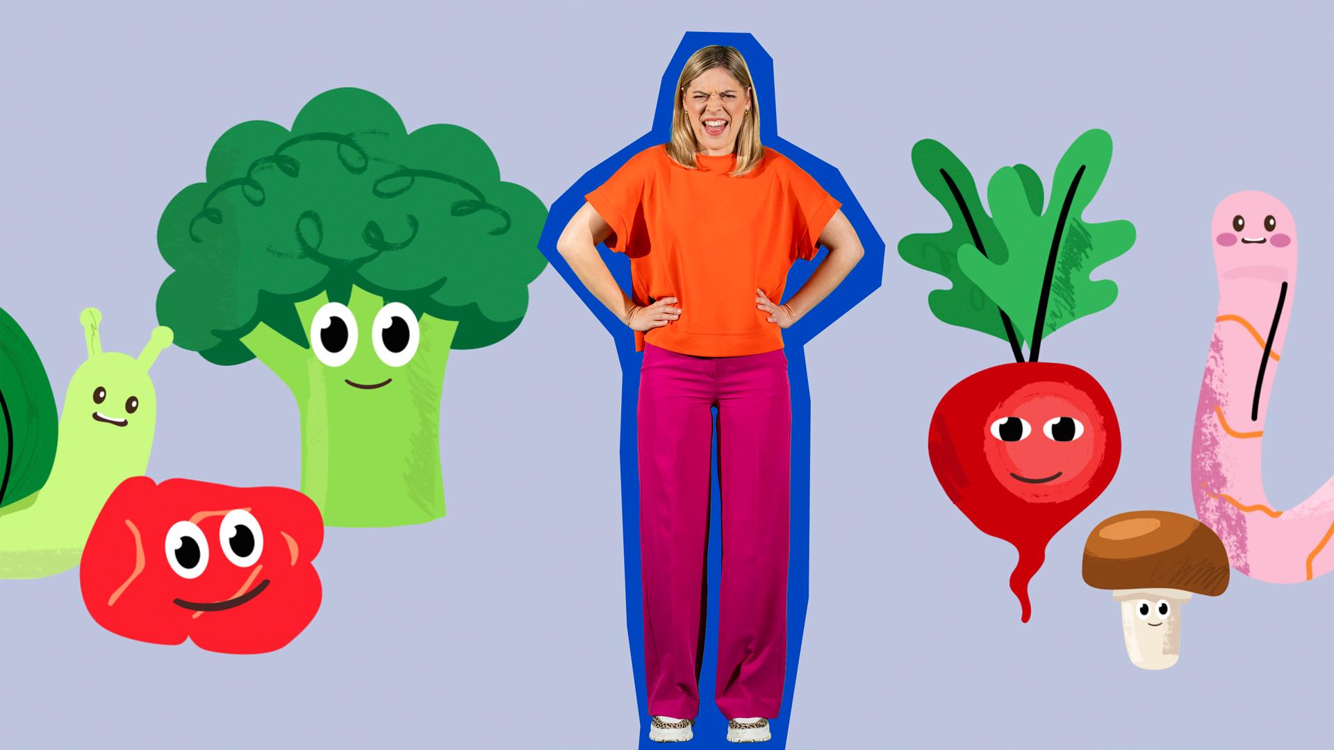 Nina von Hier kommt Nina steht mit in die Hüfte gestemmten Händen in der Mitte des Bildes. Sie trägt ein oranges Oberteil und eine pinkfarbene Hose. Um sie herum sind mehrere gezeichnete, freundlich lächelnde Figuren. Links von ihr sind eine Schnecke, eine Tomate und ein Brokkoli. In der rechten Bildhälfte sind ein Rettich und ein Pilz und ein Regenwurm.