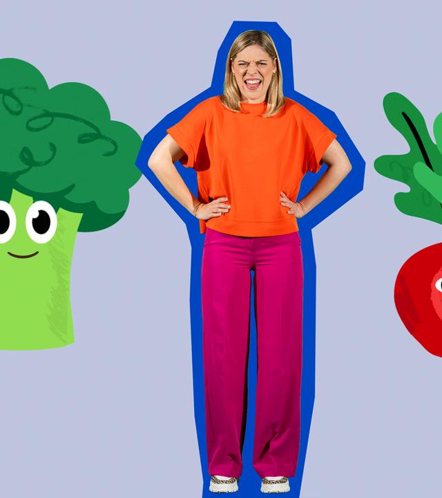 Nina von Hier kommt Nina steht mit in die Hüfte gestemmten Händen in der Mitte des Bildes. Sie trägt ein oranges Oberteil und eine pinkfarbene Hose. Um sie herum sind mehrere gezeichnete, freundlich lächelnde Figuren. Links von ihr sind eine Schnecke, eine Tomate und ein Brokkoli. In der rechten Bildhälfte sind ein Rettich und ein Pilz und ein Regenwurm.