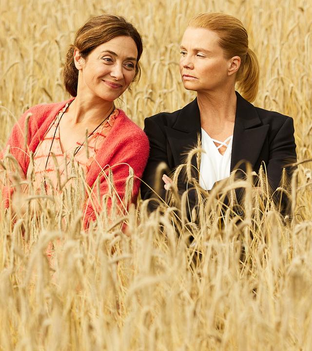 Christina und Ella stehen im schulterhohen Kornfeld