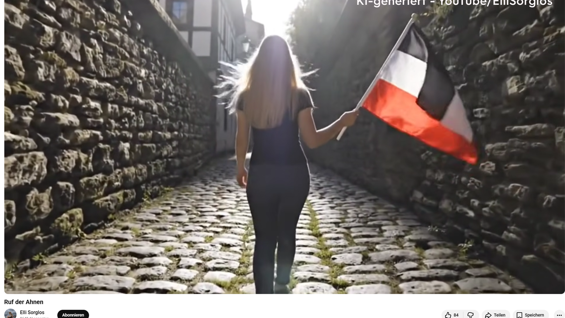 KI-generiertes Bild von der Rückansicht einer jungen Frau mit langen blonden Haaren in enger Legging und T-Shirt, die in einer Hand eine schwarz-weiß-rote Reichsflagge schwenkt und durch eine enge Kopfsteinpflasterstraße mit Fachwerkhäusern läuft.