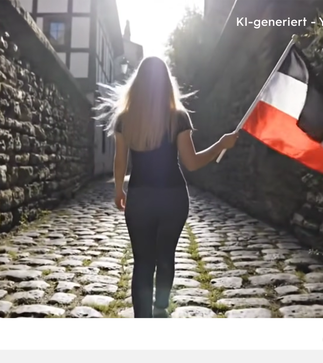 KI-generiertes Bild von der Rückansicht einer jungen Frau mit langen blonden Haaren in enger Legging und T-Shirt, die in einer Hand eine schwarz-weiß-rote Reichsflagge schwenkt und durch eine enge Kopfsteinpflasterstraße mit Fachwerkhäusern läuft.