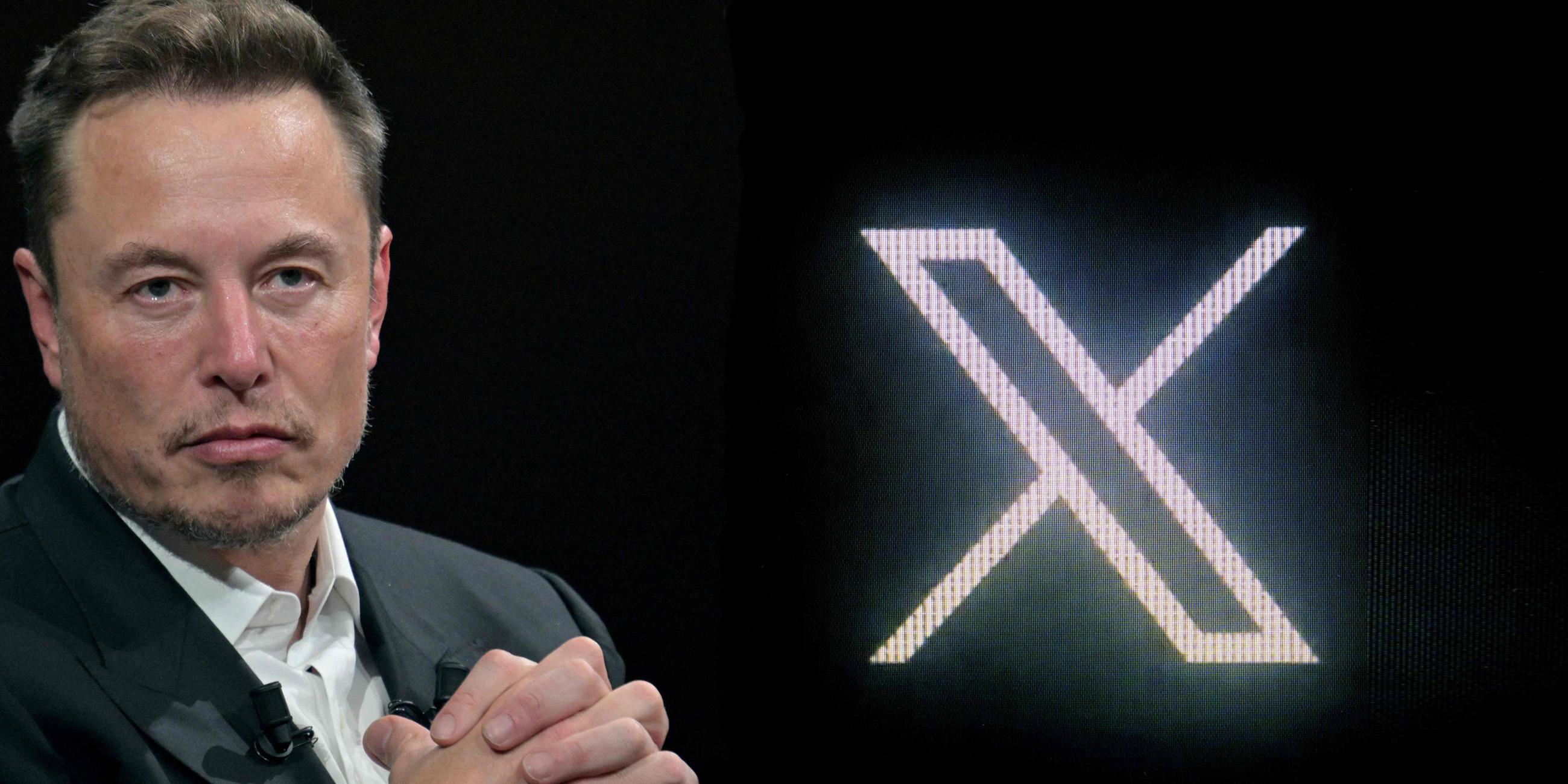 Elon Musk neben einem Logo seiner Kurznachrichtenplattform X. (Archivbild)