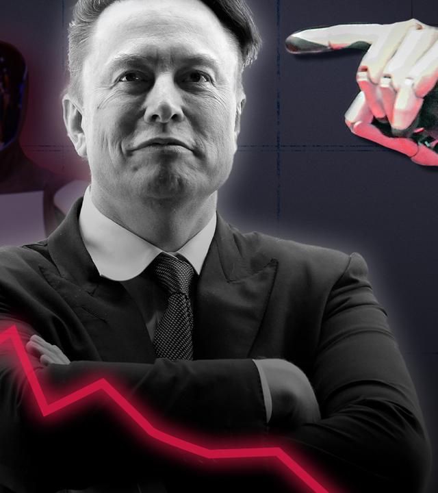 Eine Collage zeigt Elon Musk, eine fallende Aktienkurve sowie durch KI gesteuerte Roboter