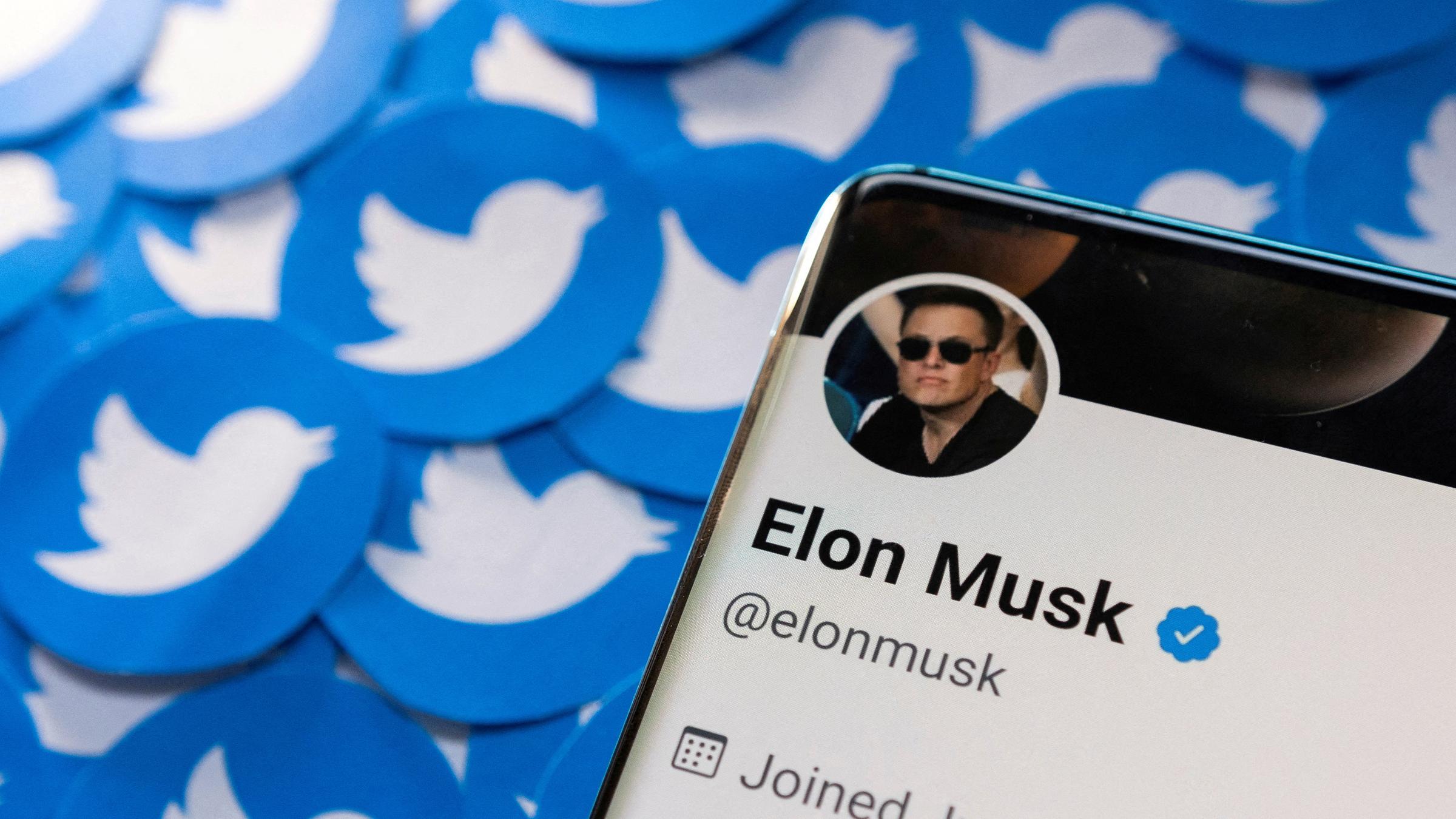 Twitter-Profil von Elon Musk, das auf gedruckten Twitter-Logos platziert ist, aufgenommen am 28.04.2022
