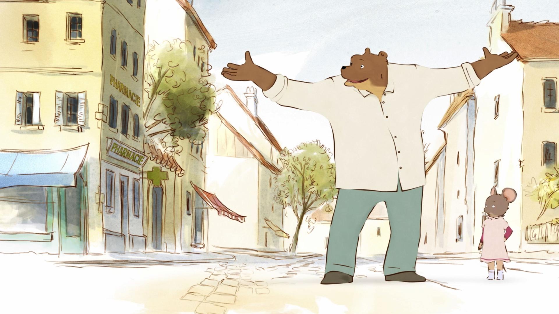 Der Bär Ernest steht auf der Straße, er breitet beide Arme aus und sieht unternehmungslustig aus. Neben ihm steht Celestine in ihrem rosa Kleid. Sie sieht eher besorgt aus. Im Hintergrund sieht man die Straße mit Häusern, Bäumen und Geschäften.